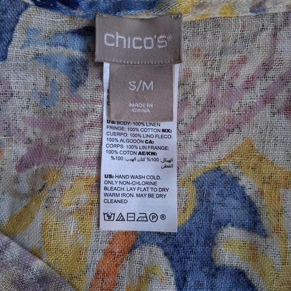 Chico's Linen Tie Dye Poncho V-Neck Fringe Asymmetrical Top S/M Petite Medium - Picture 6 of 7